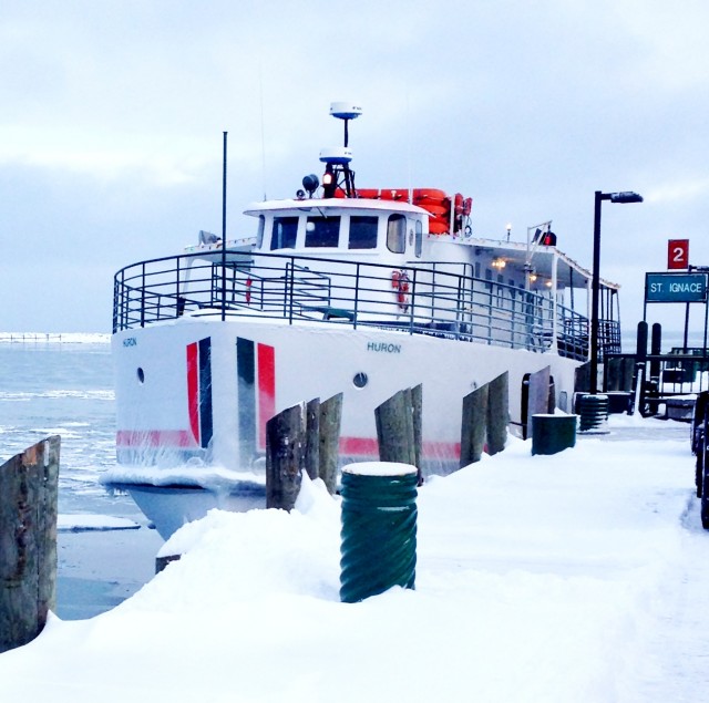 The Arnold Line ferry Huron pulls into its Mackinac Island dock.